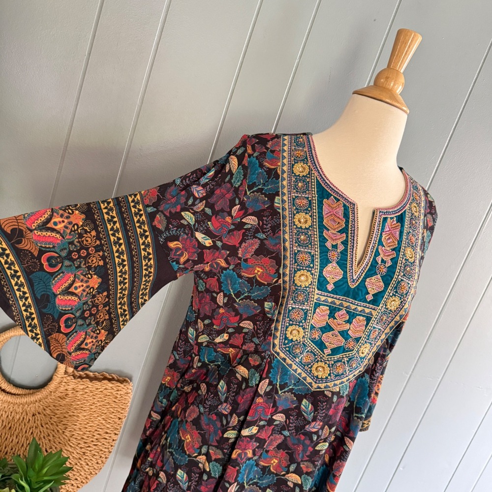 Soft Surroundings Womens Large Boho Floral Embroidered Beaded Tunic Dress India - Picture 2 of 8